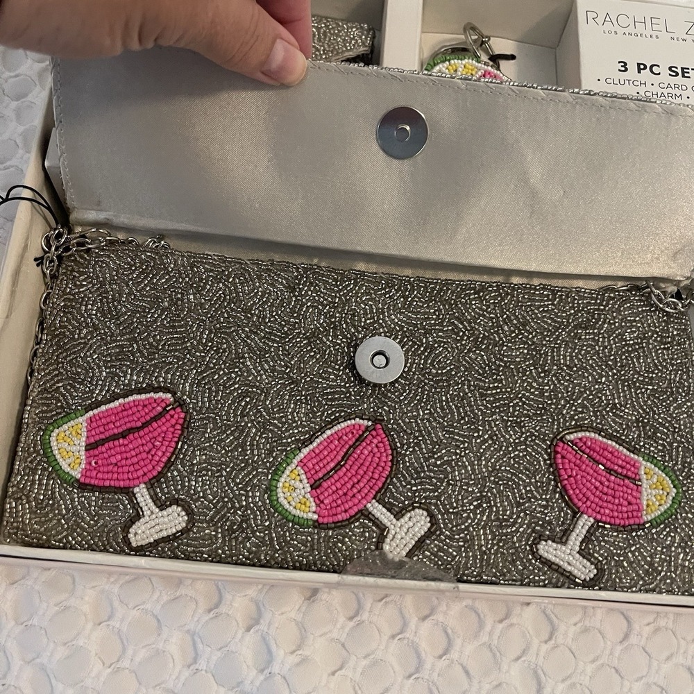 Rachel Zoe Clutch Purse W/Strap 3 PC Set Card Case & Charm Silver Martini Beaded - Picture 5 of 9